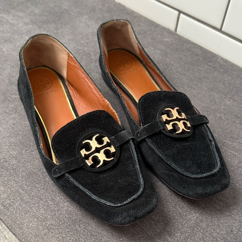 Tory Burch Black Suede Loafers with Gold Logo